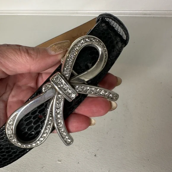 **SOLD**Brighton Black Embossed Leather Belt with Rhinestone Bow Buckle - Picture 2 of 4